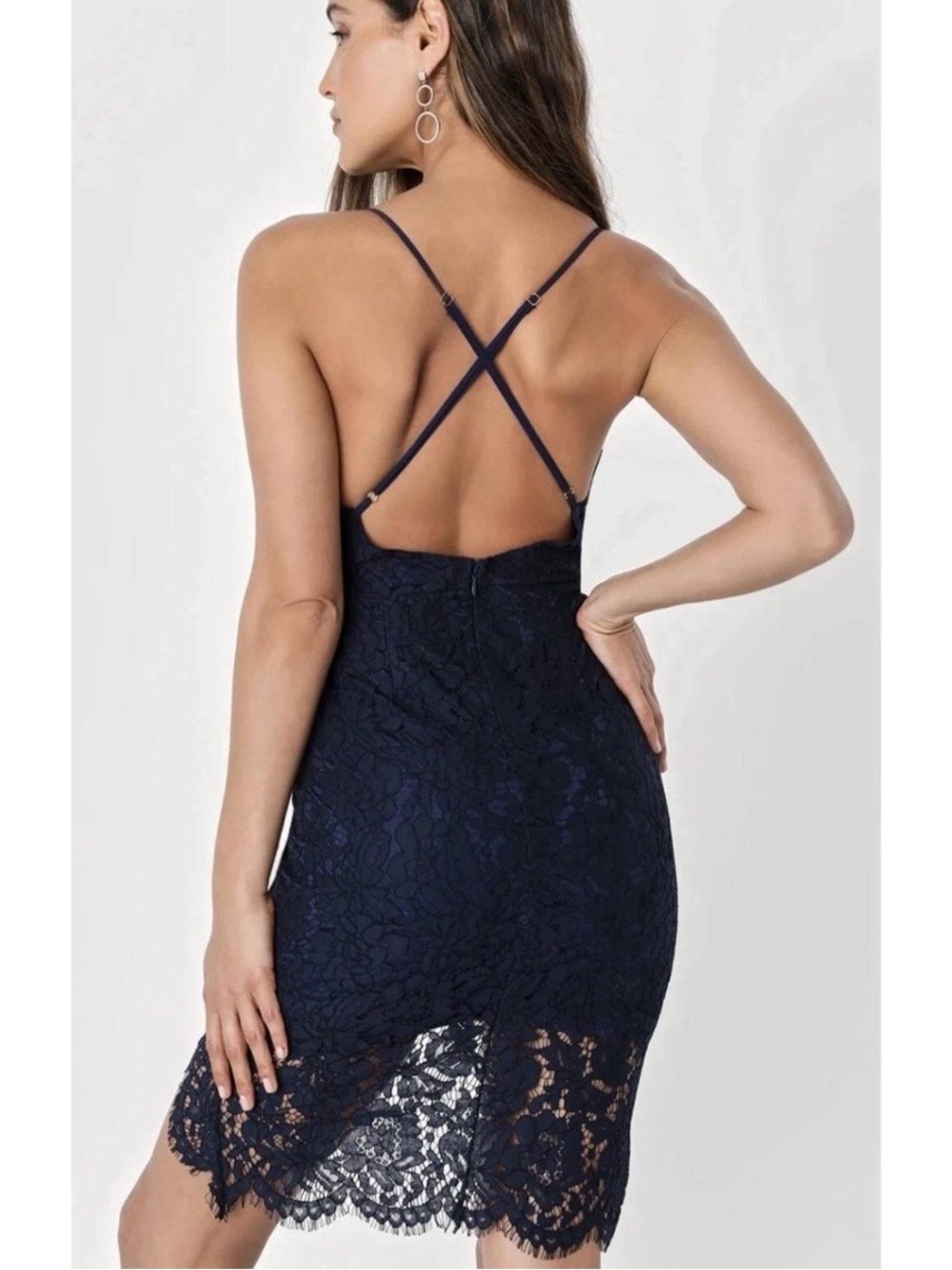 EUC Lulus Navy Blue Lace Dress ~ High-Low Hem Sheer Bodycon ~ Homecoming ~ M